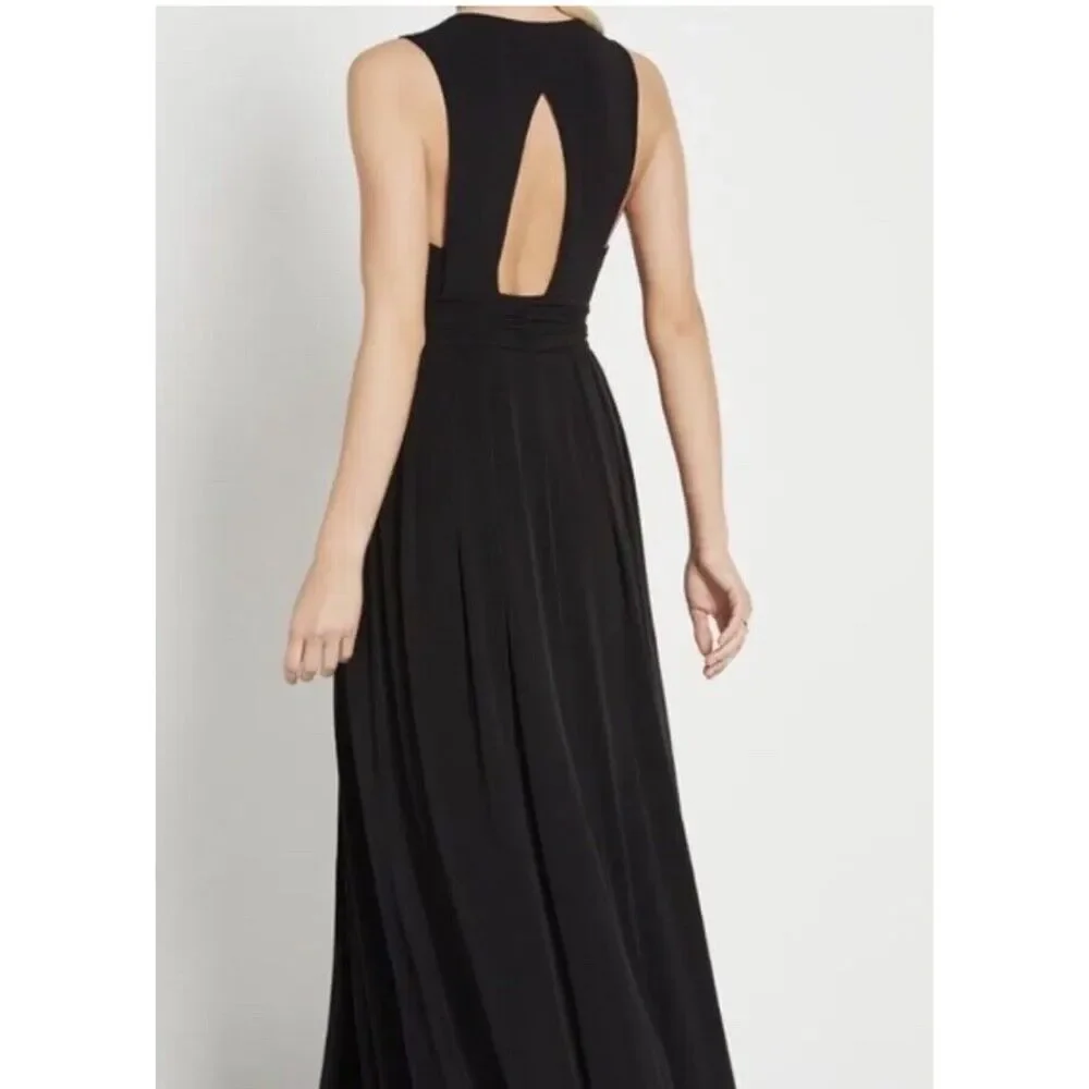 BCBGeneration V Neck Belted Black Maxi‎ Dress XS Front Slit Open Back 58